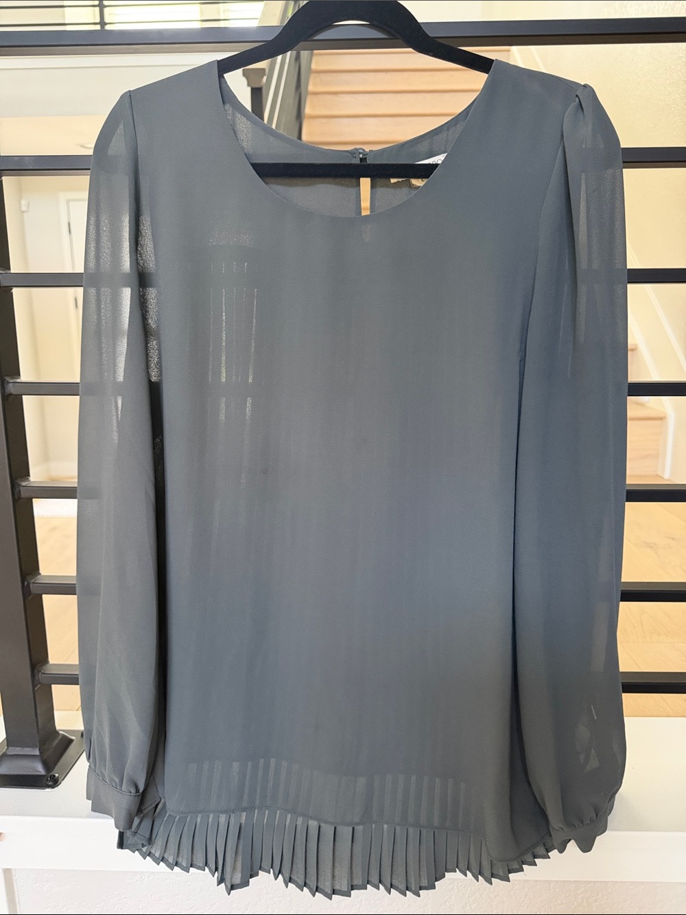 Pleated Hem Long Sleeve Chiffon Blouse - Slate Gray